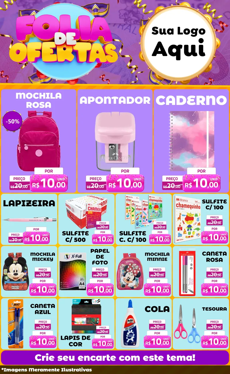 Modelo de Encarte para Encarte Grande com o tema Folia de Ofertas para Papelaria