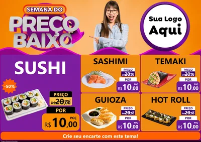 Modelo de Encarte para Encarte A4 Horizontal com o tema Semana do Preço Baixo para Comida japonesa