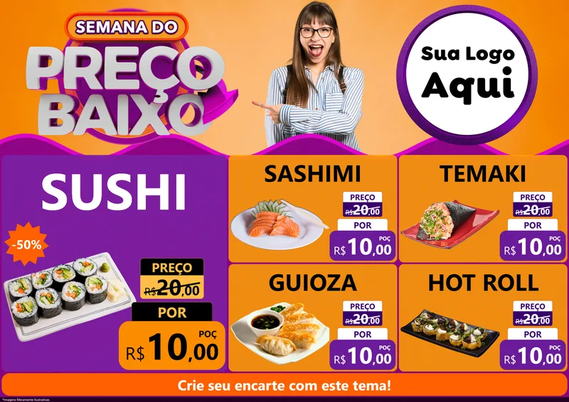 Modelo de Encarte para Encarte A4 Horizontal com o tema Semana do Preço Baixo para Comida japonesa