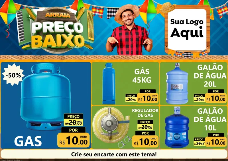 Modelo de Encarte para Encarte A4 Horizontal com o tema Arraiá de Preço Baixo - Junina para Água e gás