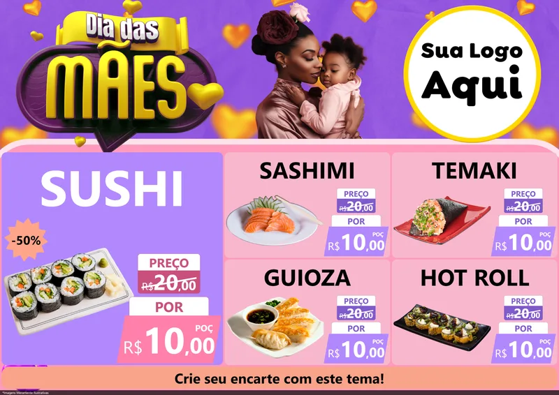 Modelo de Encarte para Encarte A4 Horizontal com o tema Dia das Mães para Comida japonesa