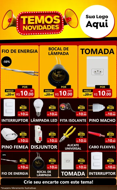 Modelo de Encarte para Encarte Grande com o tema Temos Novidades para Materiais Elétricos
