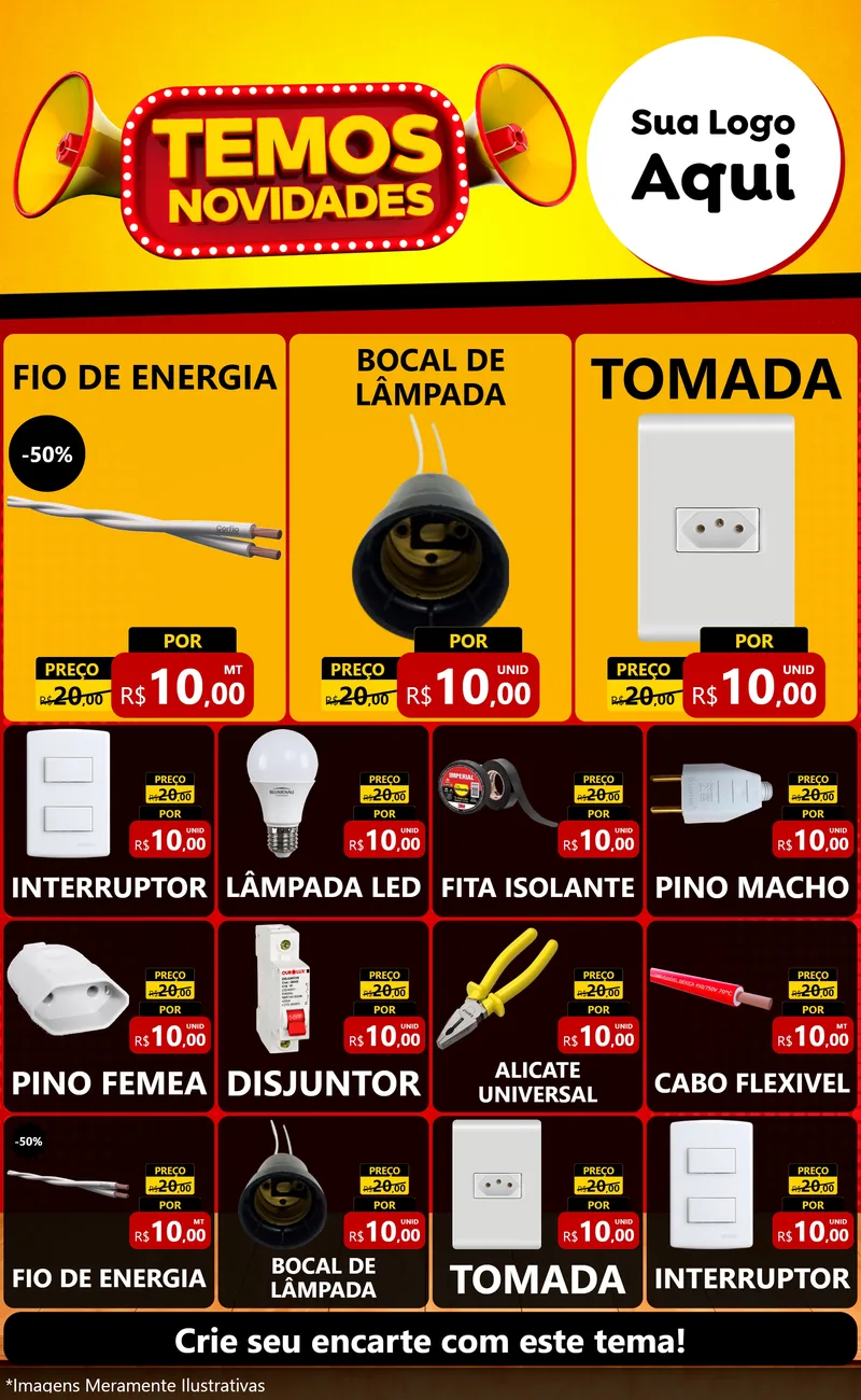 Modelo de Encarte para Encarte Grande com o tema Temos Novidades para Materiais Elétricos