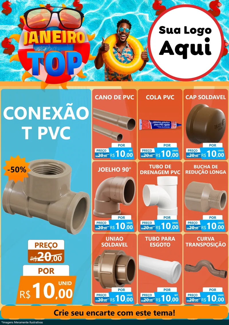 Modelo de Encarte para Encarte A4 Vertical com o tema Janeiro Top para Tubos e conexões