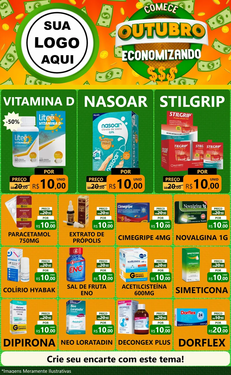 Modelo de Encarte para Encarte Grande com o tema Comece Outubro Economizando para Farmácia