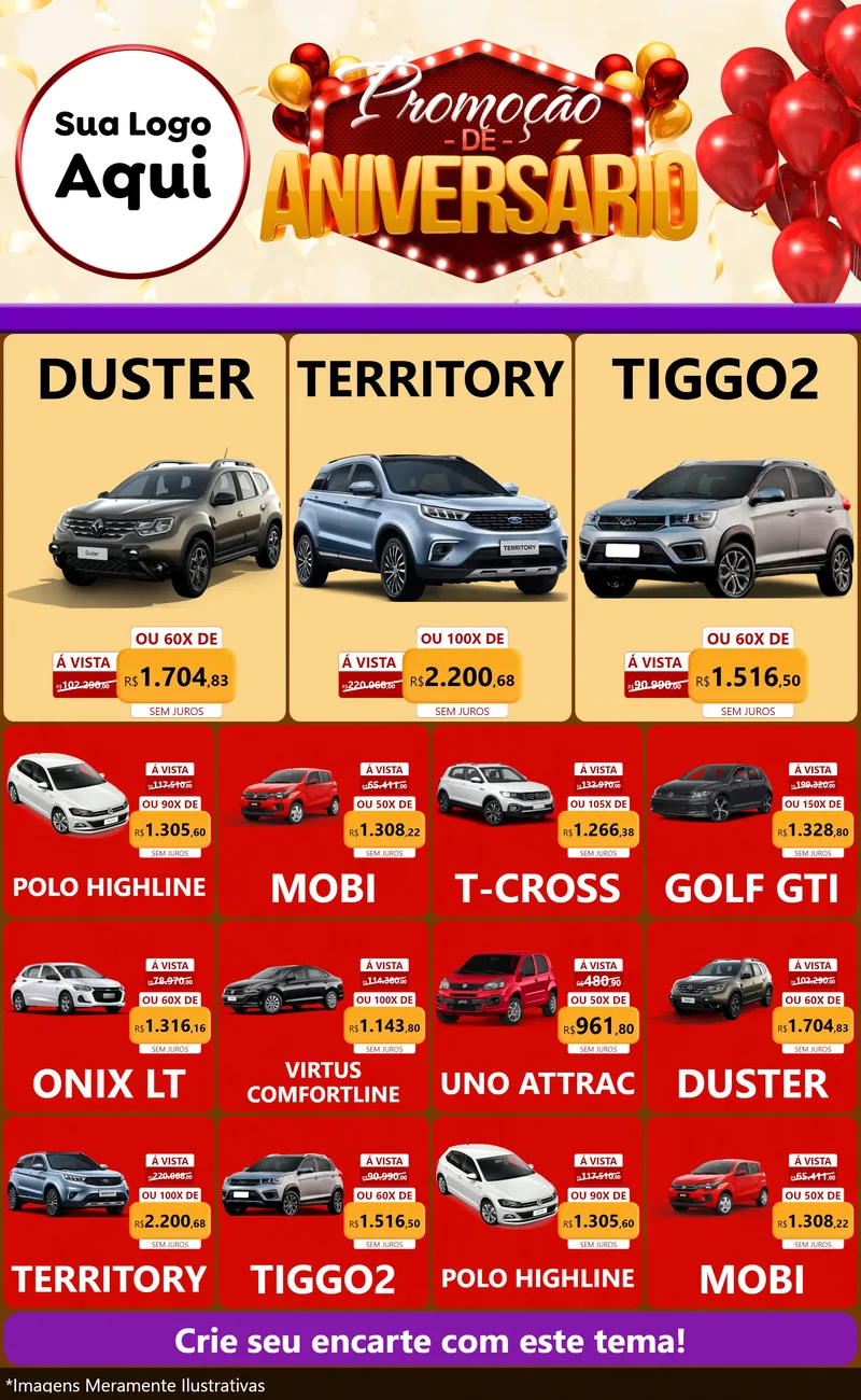 Modelo de Encarte para Encarte Grande com o tema Promoção de Aniversário para Concessionaria de Carros