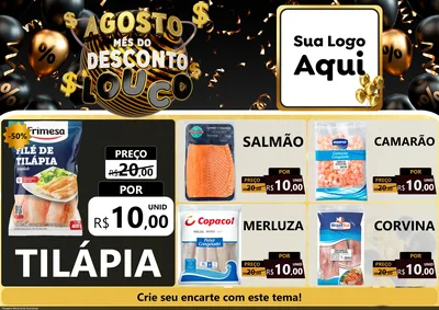 Modelo de Encarte para Encarte A4 Horizontal com o tema Agosto Mês do Desconto Louco para Peixaria