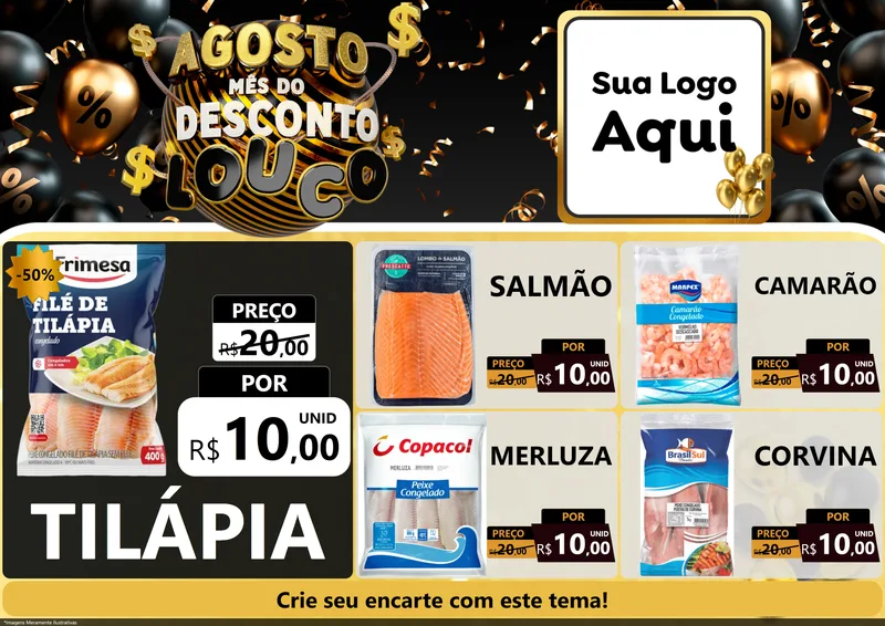 Modelo de Encarte para Encarte A4 Horizontal com o tema Agosto Mês do Desconto Louco para Peixaria