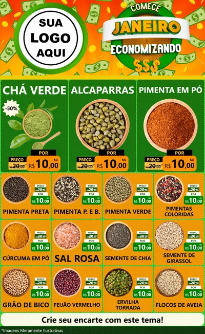 Modelo de Encarte para Encarte Grande com o tema Comece Janeiro Economizando para Produtos Naturais