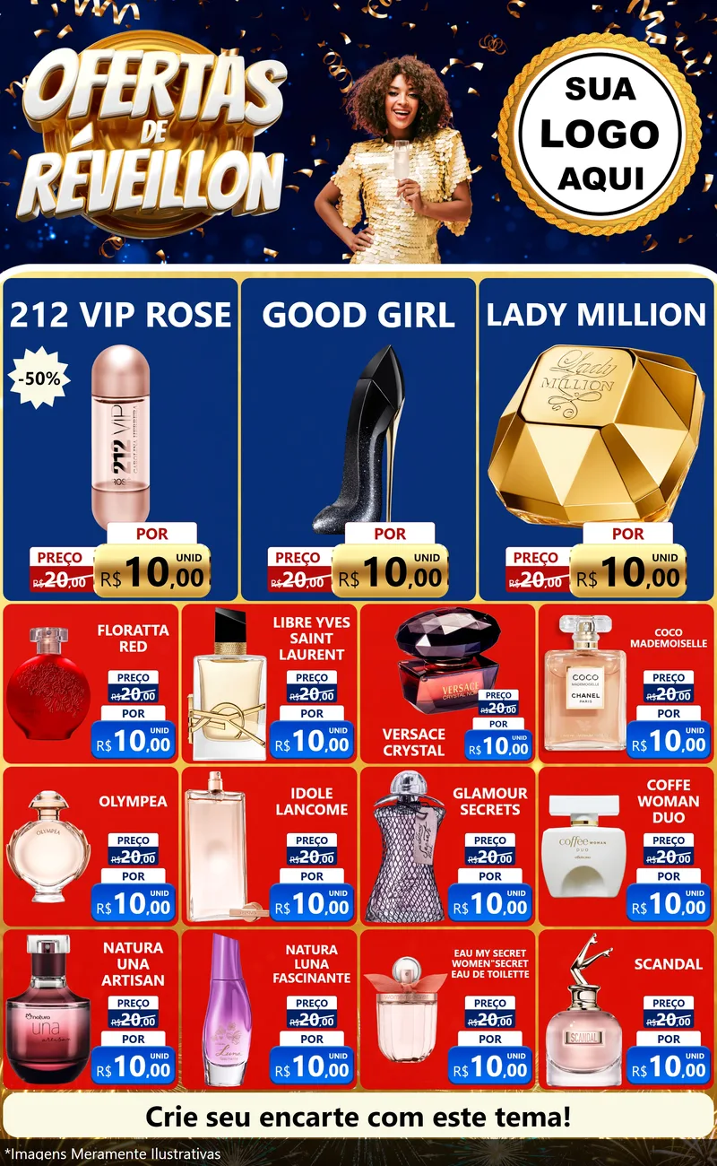 Modelo de Encarte para Encarte Grande com o tema Ofertas de Réveillon para Perfumes