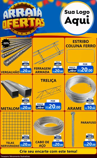 Modelo de Encarte para Encarte Grande com o tema Arraiá de Ofertas - Junina para Ferragens