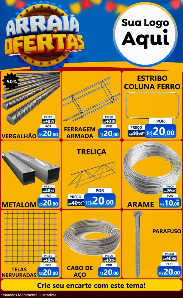 Modelo de Encarte para Encarte Grande com o tema Arraiá de Ofertas - Junina para Ferragens