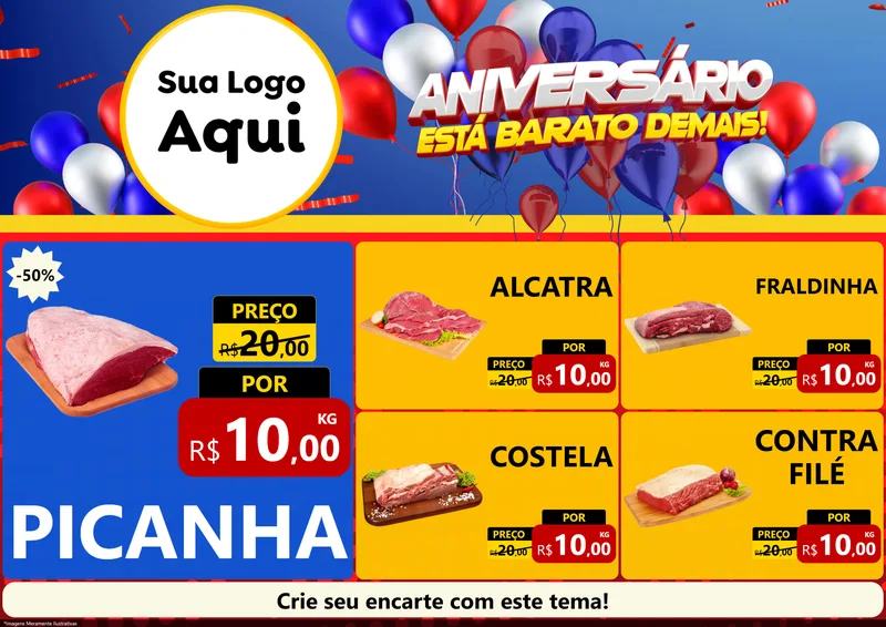 Modelo de Encarte para Encarte A4 Horizontal com o tema Aniversário para Açougue