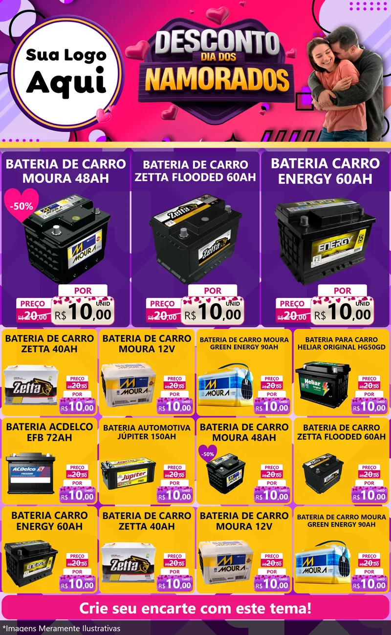 Modelo de Encarte para Encarte Grande com o tema Desconto Dia dos Namorados para Baterias Elétricas