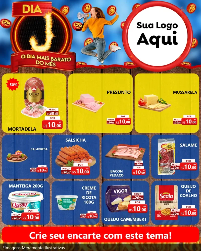 Modelo de Rede Social para Feed Instagram com o tema Dia J - O Dia Mais Barato Do Mês para Frios e Laticínios