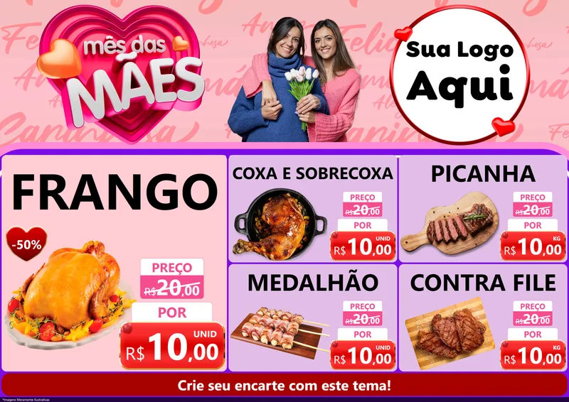 Modelo de Encarte para Encarte A4 Horizontal com o tema Mês Das Mães para Assados
