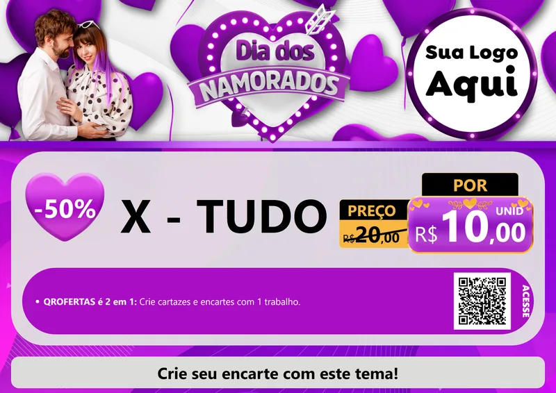 Modelo de Cartaz para Cartaz A4 Horizontal com o tema Dia dos Namorados para Hamburgueria