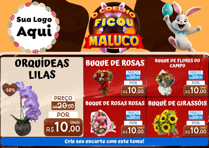 Modelo de Encarte para Encarte A4 Horizontal com o tema O Coelho Ficou Maluco - Páscoa para Floricultura e jardim