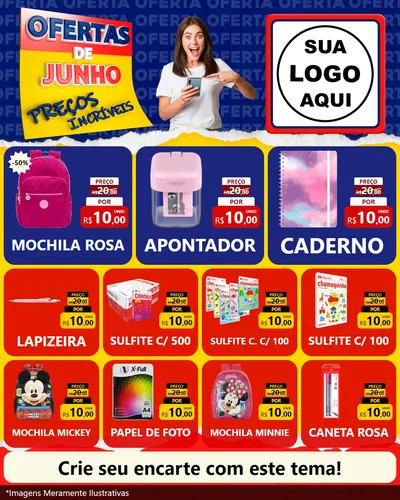 Modelo de Rede Social para Feed Instagram com o tema Ofertas de Junho - Preços Incríveis para Papelaria