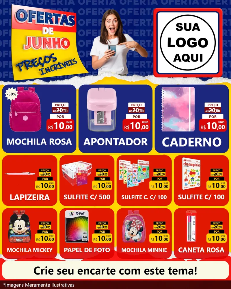 Modelo de Rede Social para Feed Instagram com o tema Ofertas de Junho - Preços Incríveis para Papelaria