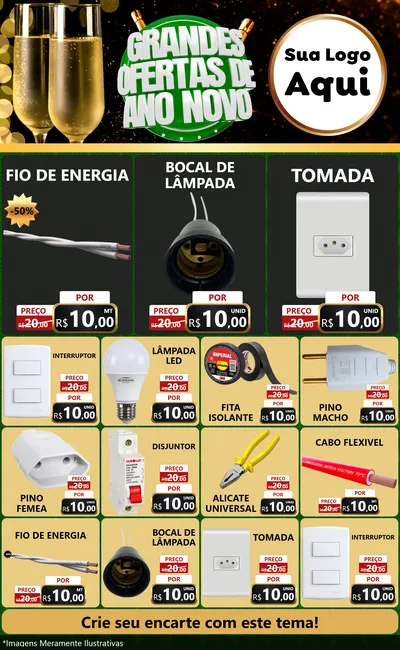 Modelo de Encarte para Encarte Grande com o tema Grandes Ofertas de Ano Novo para Materiais Elétricos