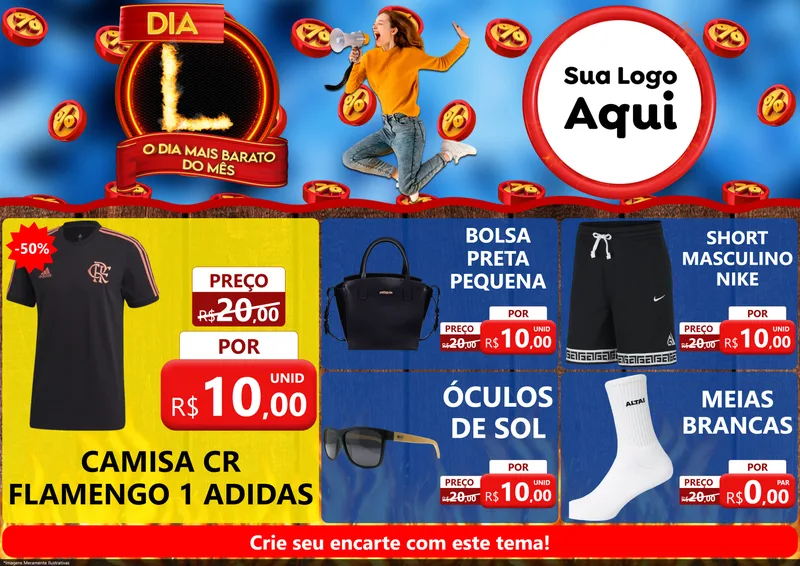 Modelo de Encarte para Encarte A4 Horizontal com o tema Dia L - O Dia Mais Barato Do Mês para Roupas e acessórios