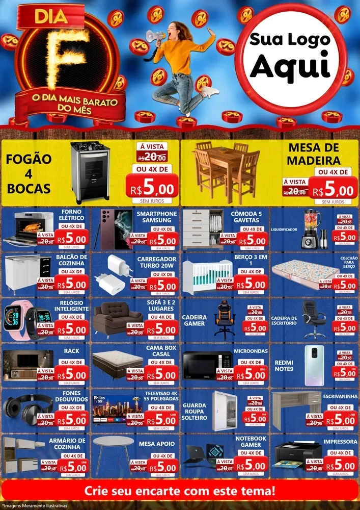 Modelo de Encarte para Encarte A4 Vertical com o tema Dia F - O Dia Mais Barato Do Mês para Móveis e Eletro