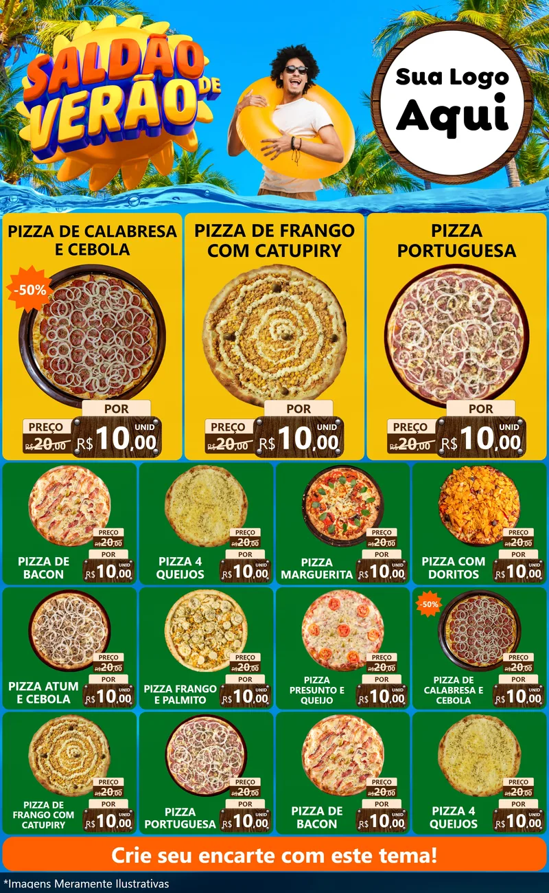 Modelo de Encarte para Encarte Grande com o tema Saldão de Verão para Pizzaria