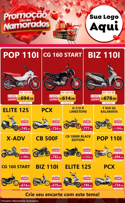 Modelo de Encarte para Encarte Grande com o tema Promoção Dia dos Namorados para Concessionaria de Motos