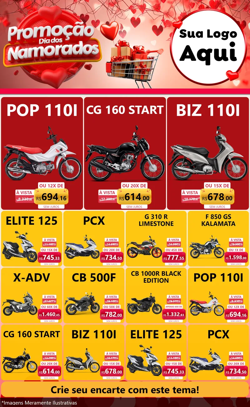 Modelo de Encarte para Encarte Grande com o tema Promoção Dia dos Namorados para Concessionaria de Motos