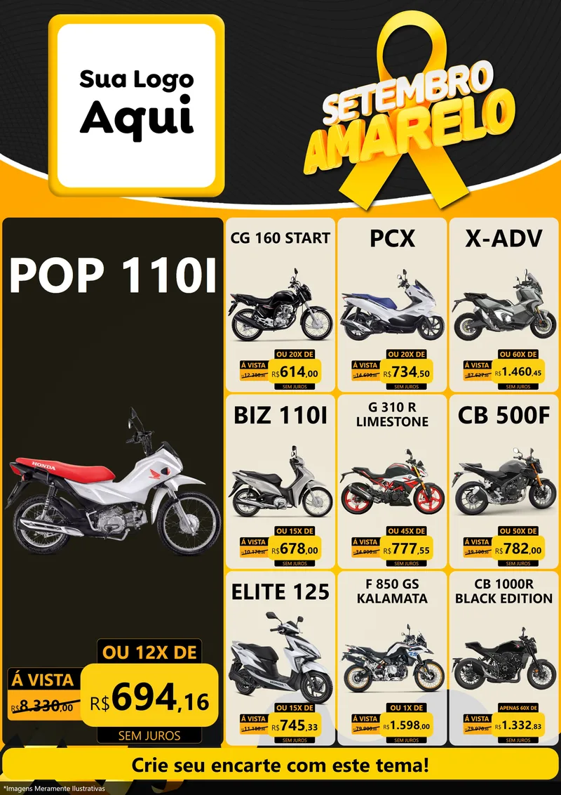 Modelo de Encarte para Encarte A4 Vertical com o tema Setembro Amarelo para Concessionaria de Motos