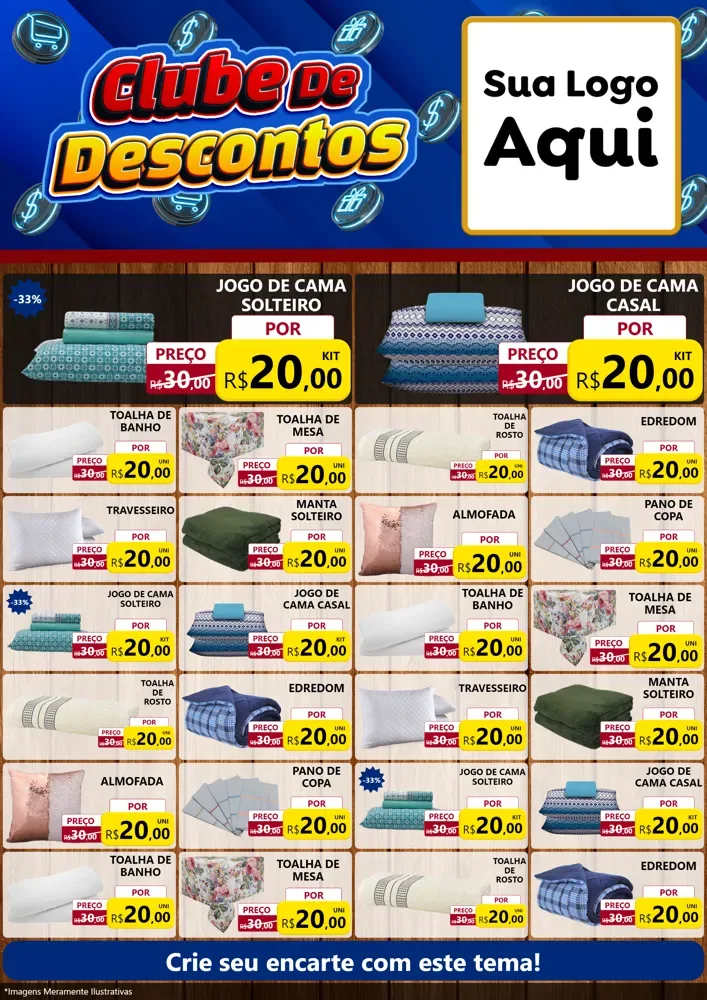 Modelo de Encarte para Encarte A4 Vertical com o tema Clube de Descontos para Cama, Mesa e Banho