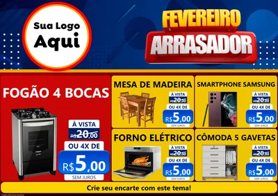 Modelo de Encarte para Encarte A4 Horizontal com o tema Fevereiro Arrasador para Móveis e Eletro
