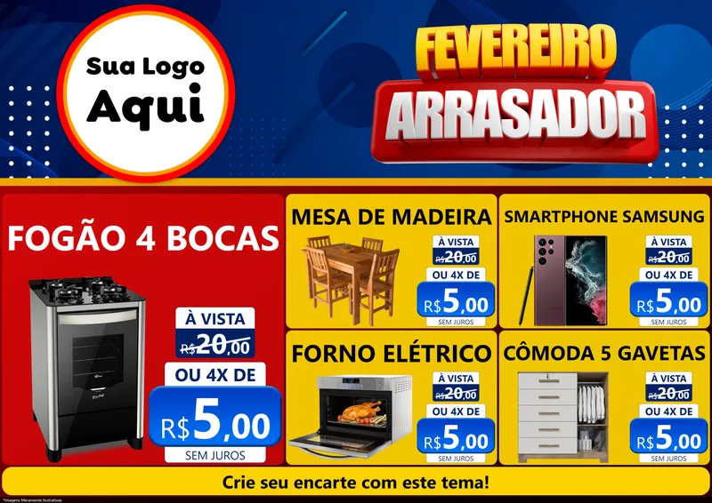 Modelo de Encarte para Encarte A4 Horizontal com o tema Fevereiro Arrasador para Móveis e Eletro