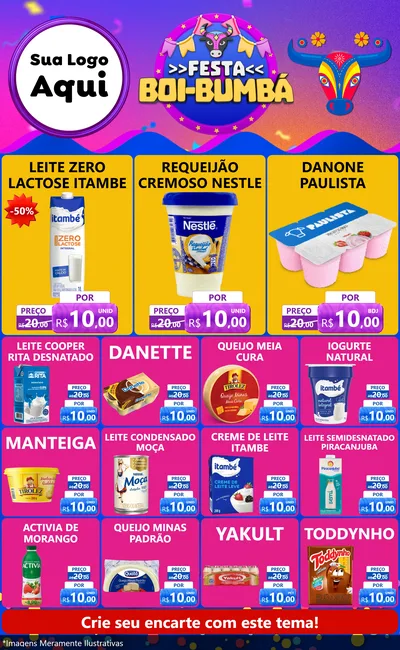 Modelo de Encarte para Encarte Grande com o tema Festa Boi-Bumbá para Frios e Laticínios