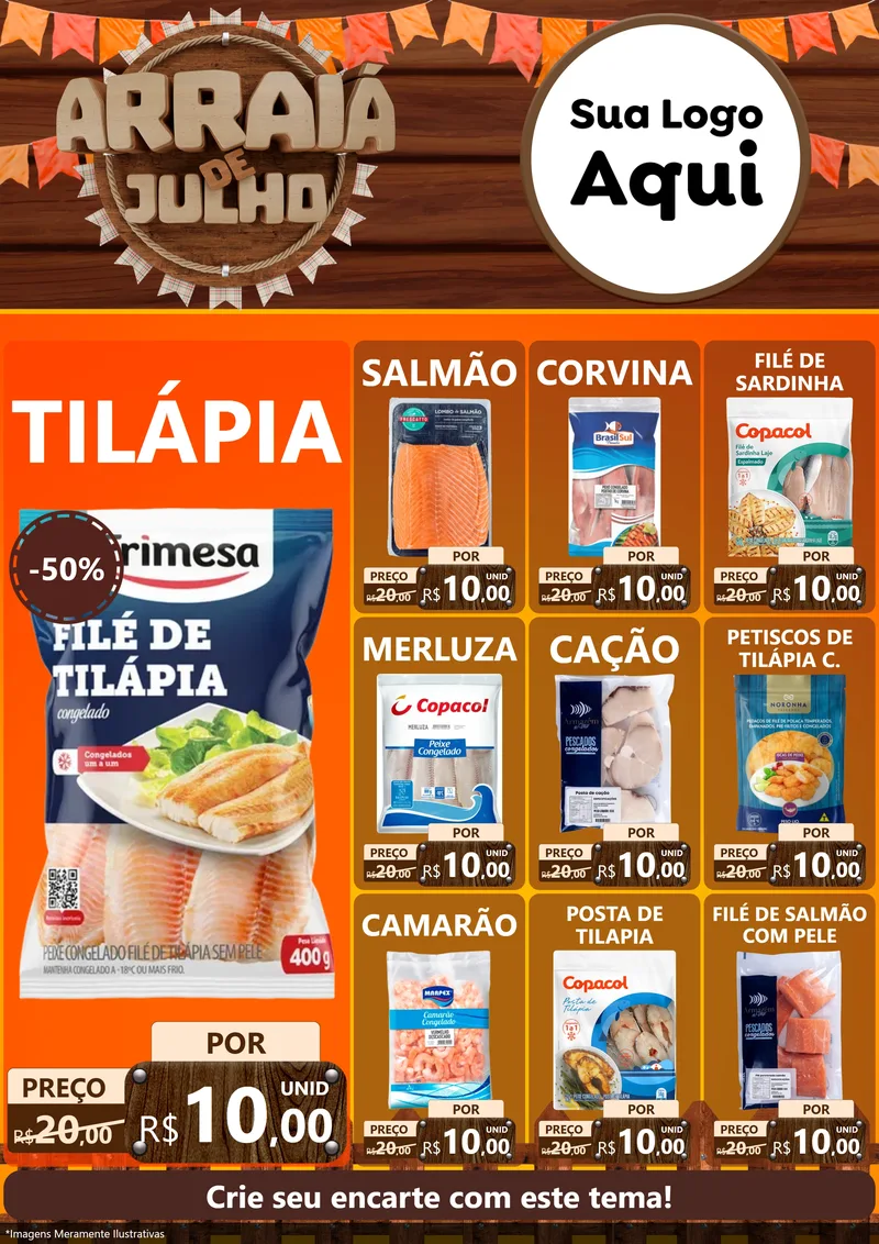 Modelo de Encarte para Encarte A4 Vertical com o tema Arraiá de Julho - Junina para Peixaria