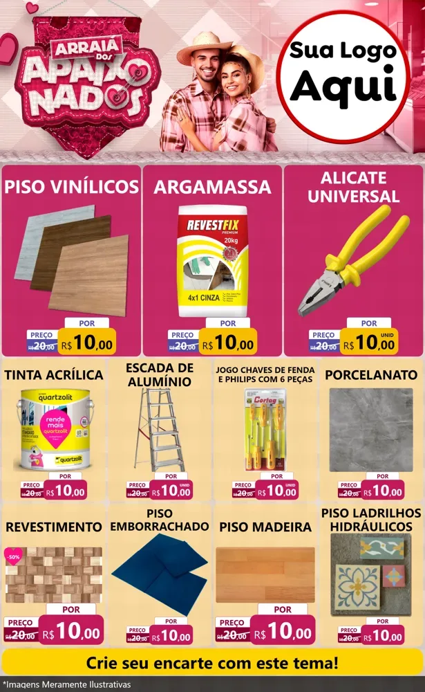 Modelo de Encarte para Encarte Grande com o tema Arraiá dos Apaixonados - Junina para Material para Construção