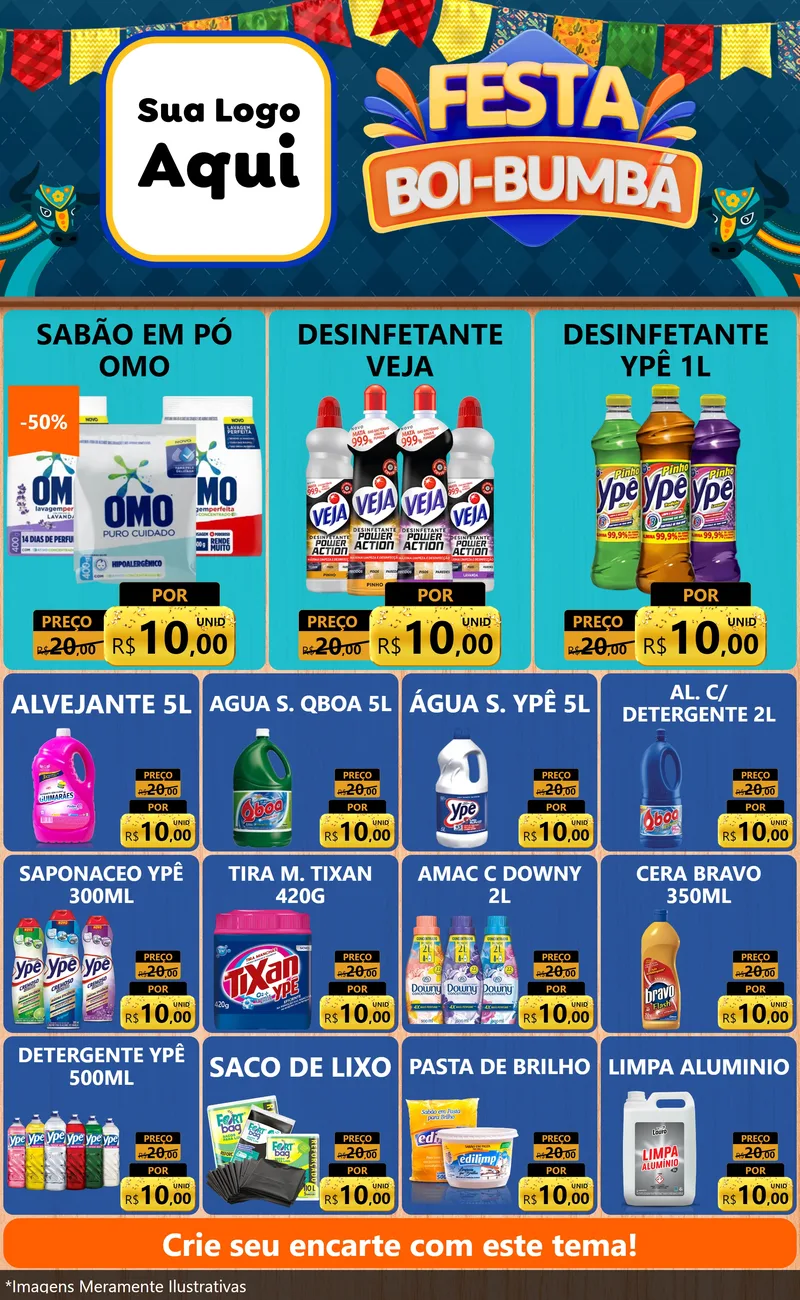 Modelo de Encarte para Encarte Grande com o tema Festa Boi Bumbá para Produtos de Limpeza