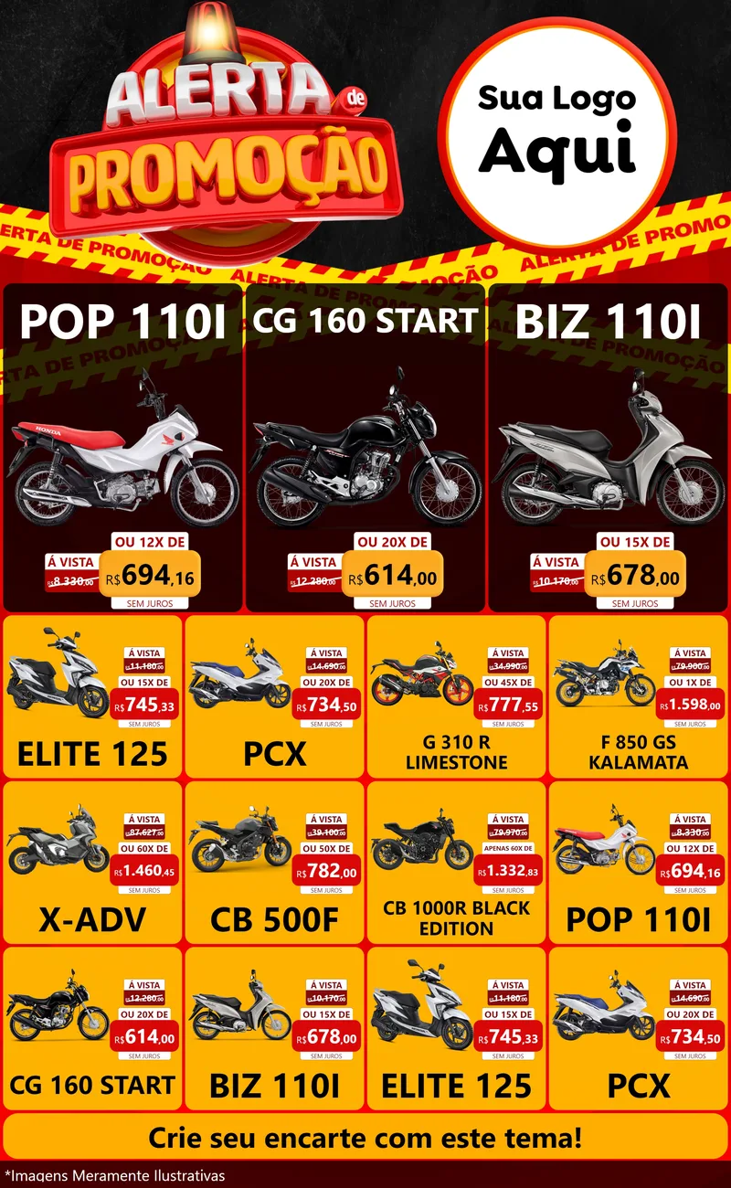 Modelo de Encarte para Encarte Grande com o tema Alerta de Promoção para Concessionaria de Motos