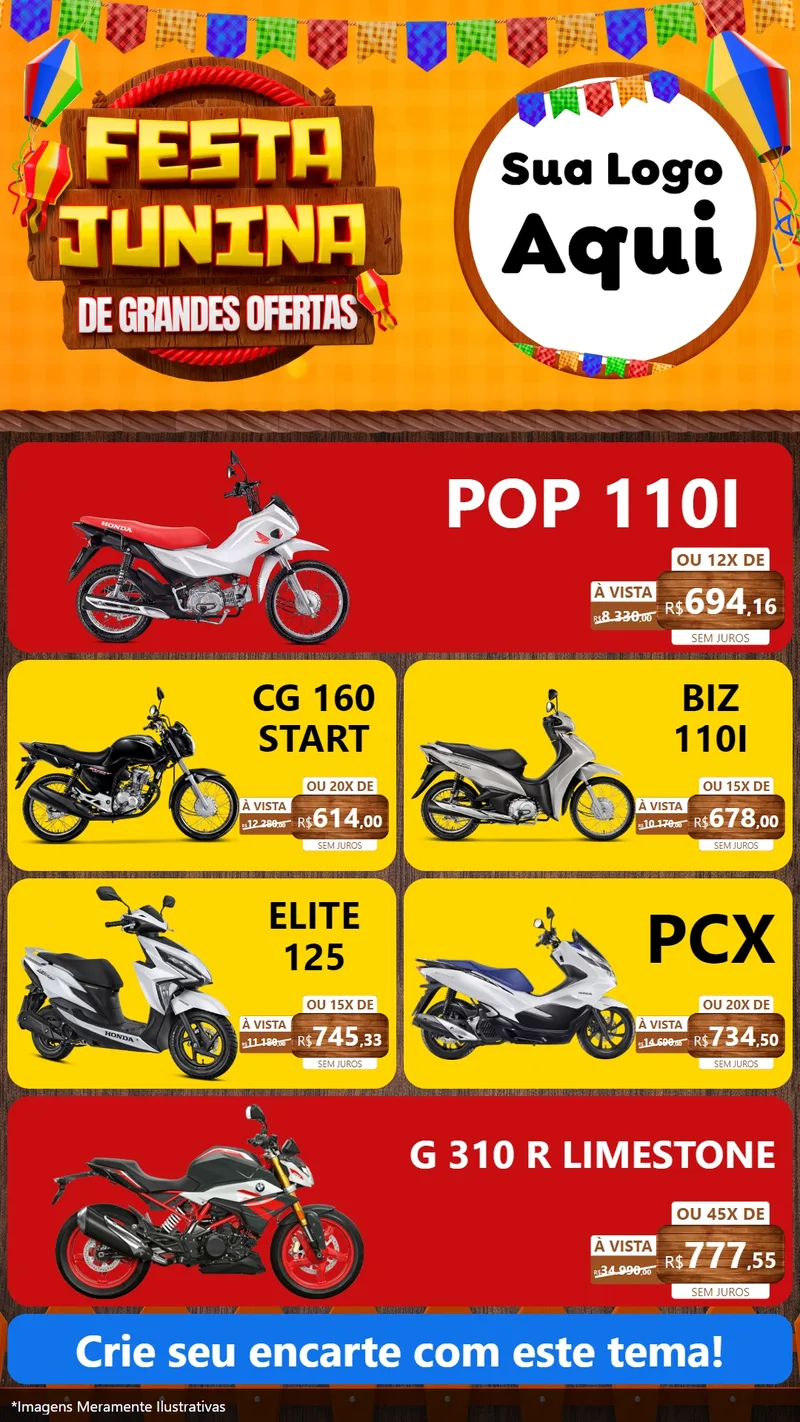 Modelo de TV para TV Vertical com o tema Festa Junina de Grandes Ofertas para Concessionaria de Motos