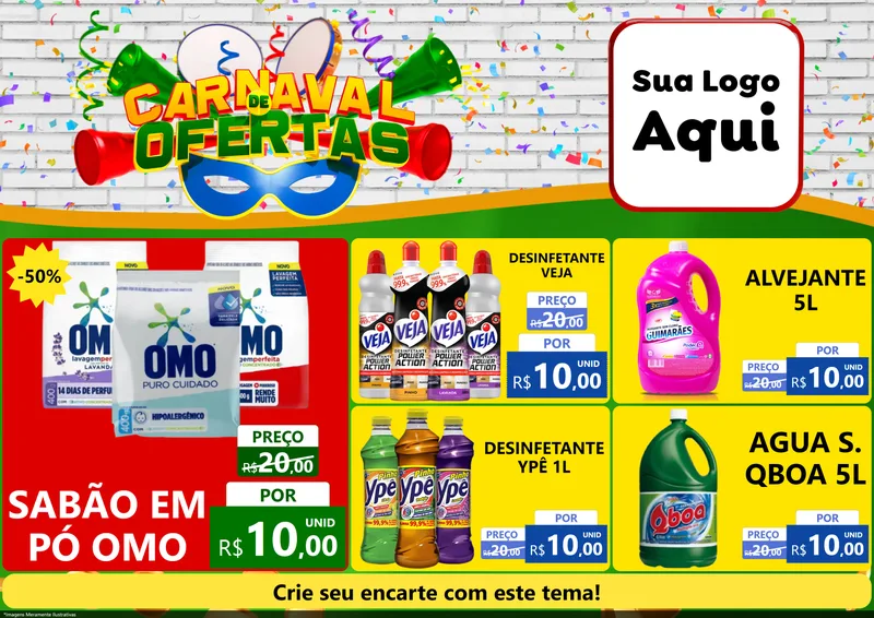 Modelo de Encarte para Encarte A4 Horizontal com o tema Carnaval de Ofertas para Produtos de Limpeza