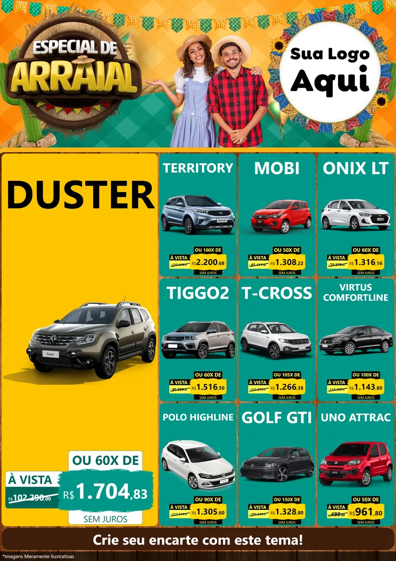 Modelo de Encarte para Encarte A4 Vertical com o tema Especial De Arraial para Concessionaria de Carros