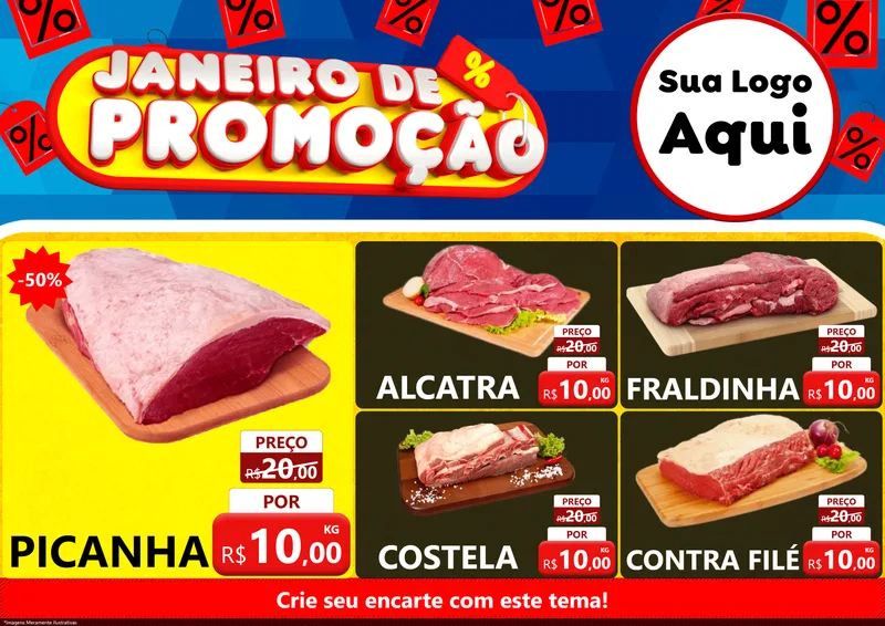 Modelo de Encarte para Encarte A4 Horizontal com o tema Janeiro de Promoção para Açougue