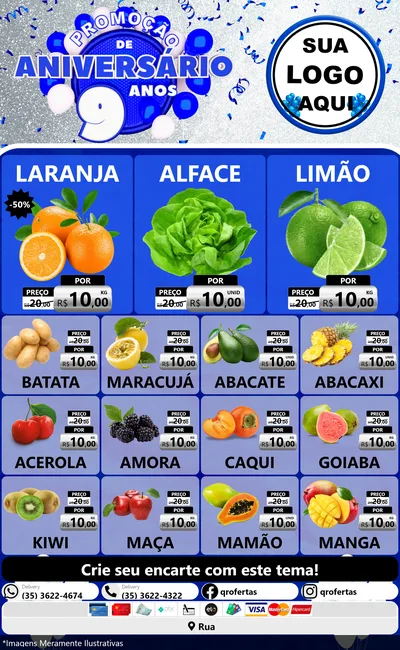 Modelo de Encarte para Encarte Grande com o tema Promoção de Aniversário - 9 Anos para Hortifrúti