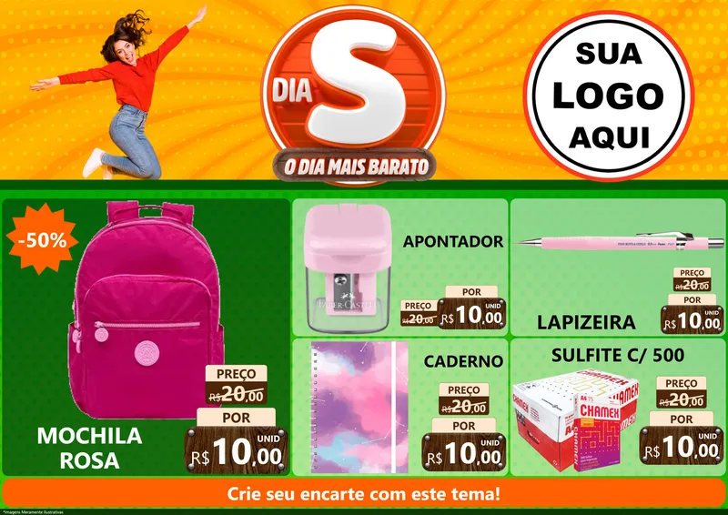 Modelo de Encarte para Encarte A4 Horizontal com o tema Dia S - O Dia Mais Barato para Papelaria