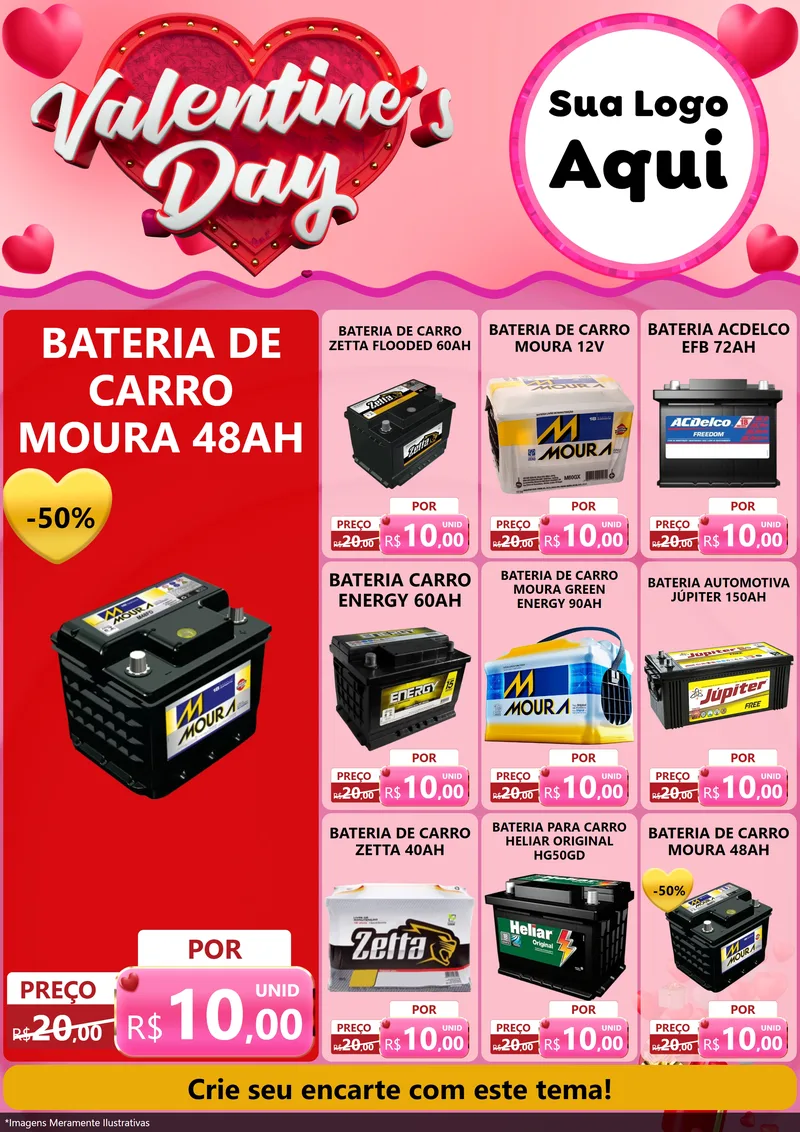 Modelo de Encarte para Encarte A4 Vertical com o tema Valentine's Day para Baterias Elétricas