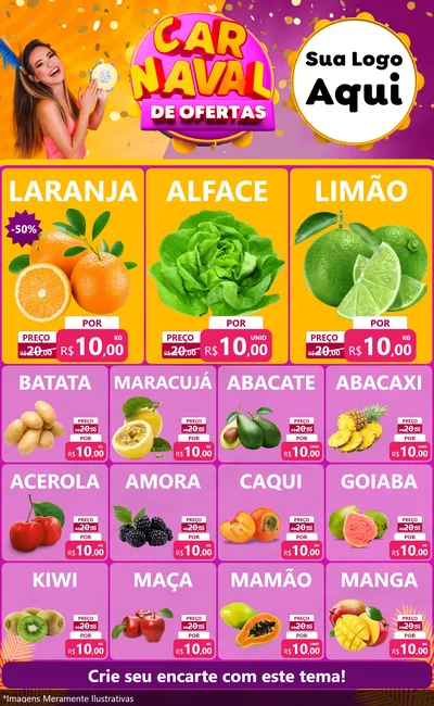 Modelo de Encarte para Encarte Grande com o tema Carnaval de Ofertas para Hortifrúti