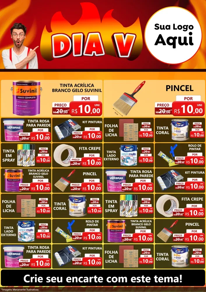 Modelo de Encarte para Encarte A4 Vertical com o tema Dia V para Tintas e Ferramentas