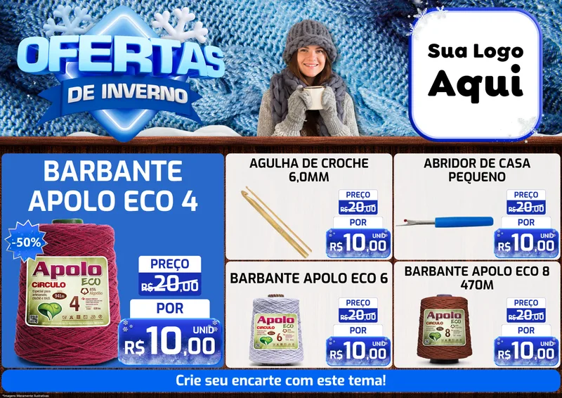 Modelo de Encarte para Encarte A4 Horizontal com o tema Ofertas de Inverno para Armarinho e Aviamentos