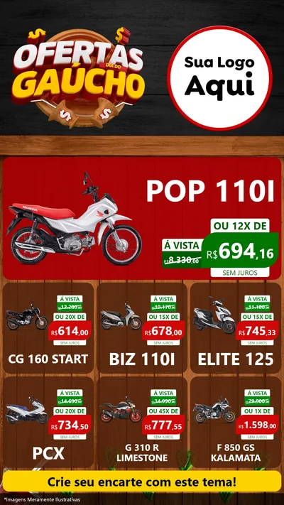 Modelo de Rede Social para Stories com o tema Ofertas Dia do Gaúcho para Concessionaria de Motos